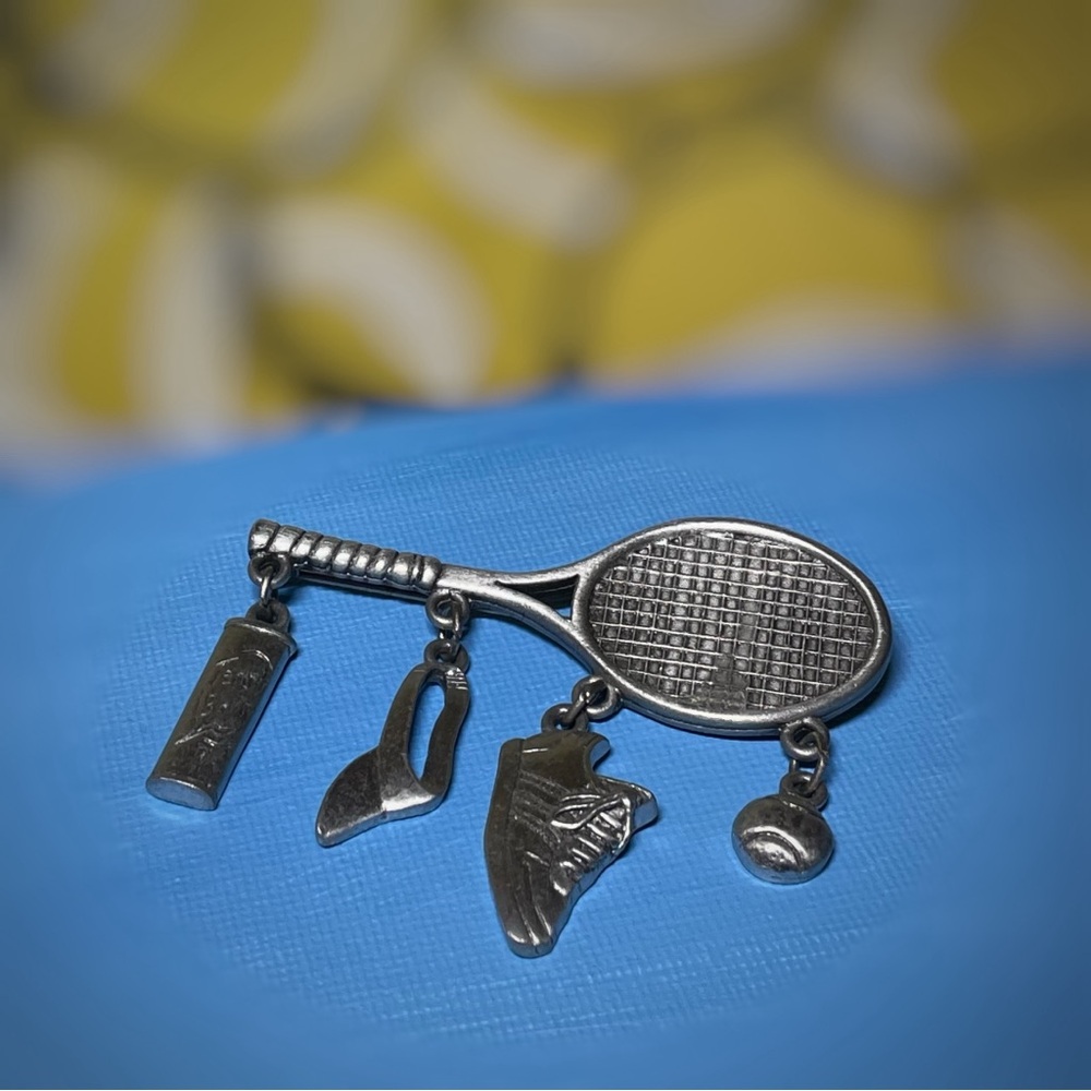 Vintage JJ Tennis Racket with Dangling Charms Brooch Pin Jonette Pewter